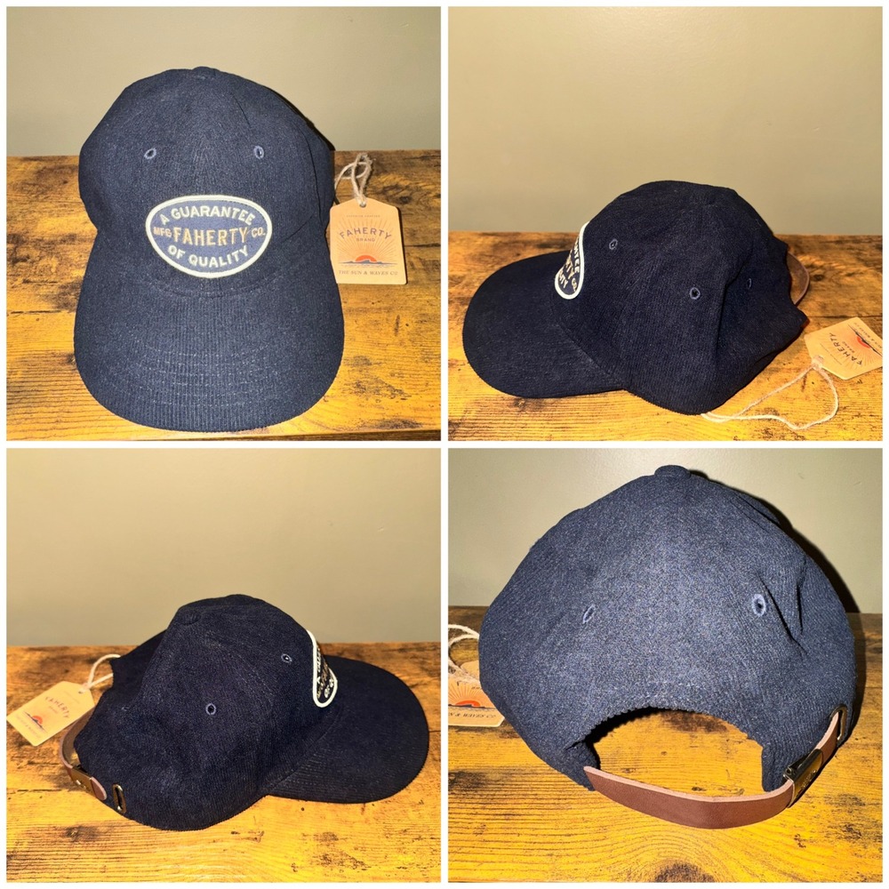 Faherty Corduroy Baseball Hat Mens Leather Strap Navy OS NEW